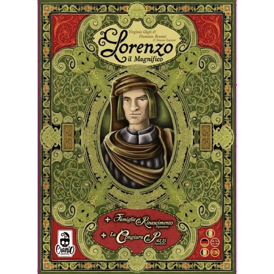 Ornate cover for Cranio Creations’ Lorenzo il Magnifico Big Box (Multilingual), showcasing a Renaissance portrait and intricate green, gold, and red patterns—ideal for collectors and storing expansions of this popular board game.