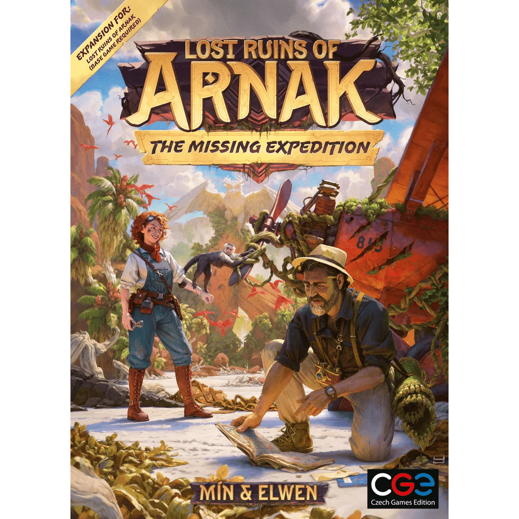 The box art for Lost Ruins of Arnak: The Missing Expedition Expansion by Czech Games Edition (CGE) depicts two explorers in a lush jungle with ruins, evoking the adventurous spirit and excitement of the series.