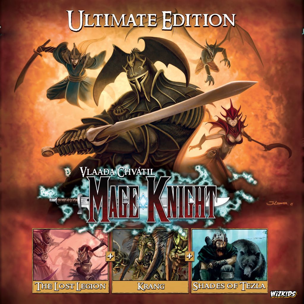 The cover of Mage Knight: Ultimate Edition by Wizkids shows an armored hero, winged beast, and sorceress. This epic RPG board game also includes the Lost Legion, Krang, and Shades of Tezla expansions.