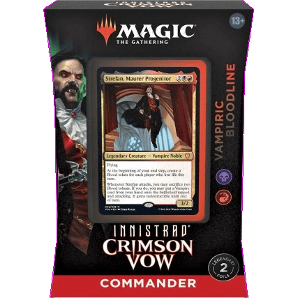 The Wizards of the Coast Magic The Gathering: Innistrad: Crimson Vow Vampiric Bloodline Commander Deck (EN) features Strefan, gothic vampire themes, and dark artwork inspired by the mysterious world of Innistrad.