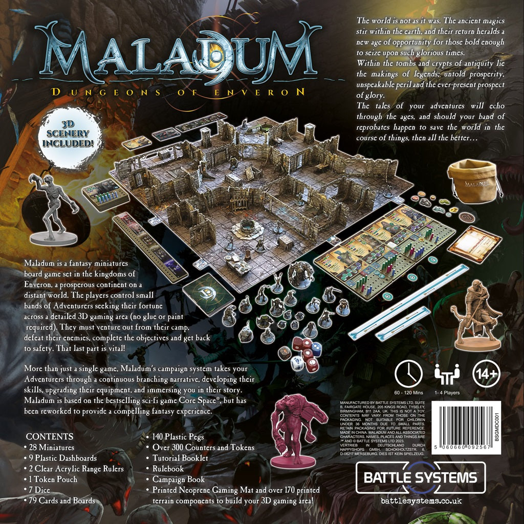 Box cover for Maladum: Dungeons of Enveron by Battle Systems Ltd, a fantasy miniatures game with 3D terrain, miniatures, cards, dice, and tokens. Main image is surrounded by text and game info. Suitable for ages 14+.