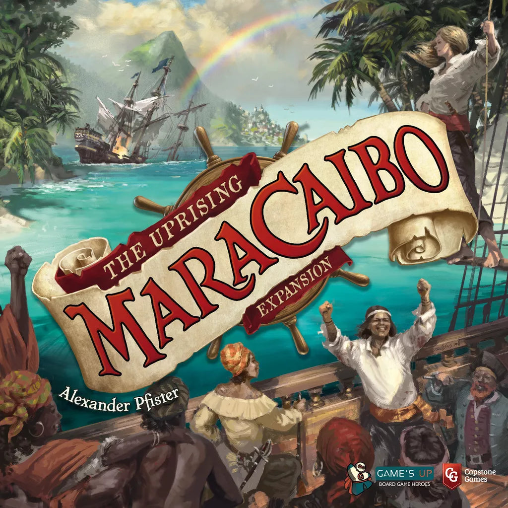 A lively crew celebrates on a ship deck with raised fists as a rainbow arcs over a sea battle by a tropical shore. "Maracaibo: The Uprising" by Capstone Games captures the thrill of Caribbean adventure in this board game expansion.