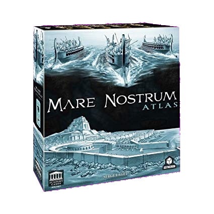 The Mare Nostrum Atlas Expansion by Academy Games features blue and white box art depicting ancient warships and a classical city, and includes components to add a 6th player to the game.