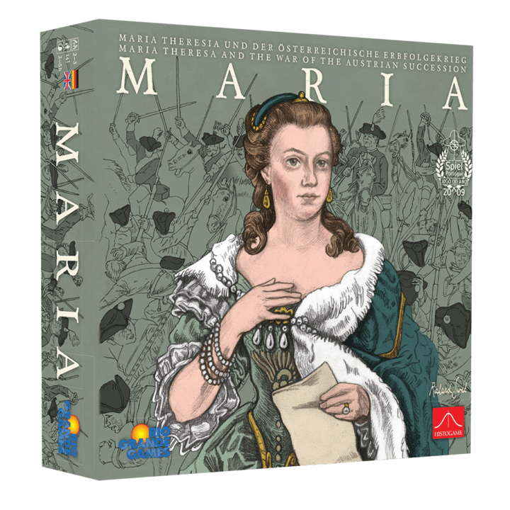 The box cover of Maria EN/DE by Rio Grande Games displays an illustrated Maria Theresa in 18th-century dress holding a letter, set against soldiers and flags, with the MARIA title highlighting its War of the Austrian Succession theme.
