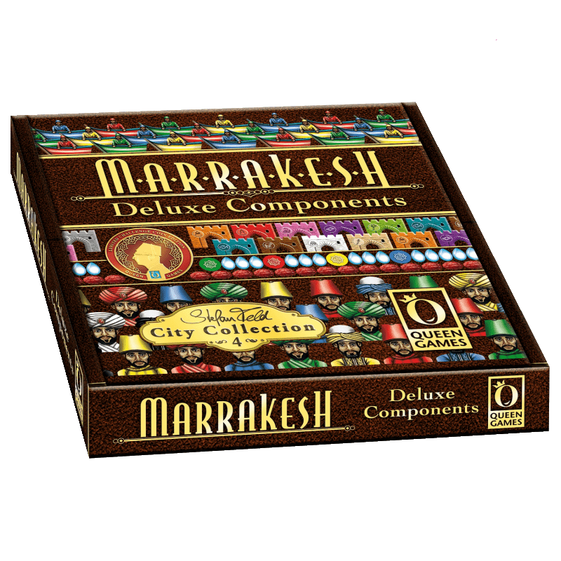 Box for Marrakesh Deluxe Components by Queen Games, displaying vibrant art of city walls, coins, and traditionally dressed figures—capturing the essence of Marrakesh on the front cover.