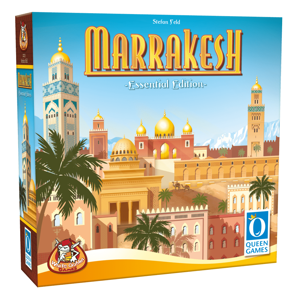 Box for Marrakesh NL Essential Edition bordspel by White Goblin Games, showing Marrakesh's vibrant skyline with domes, towers, palm trees, clear sky, and an Obermufti character.