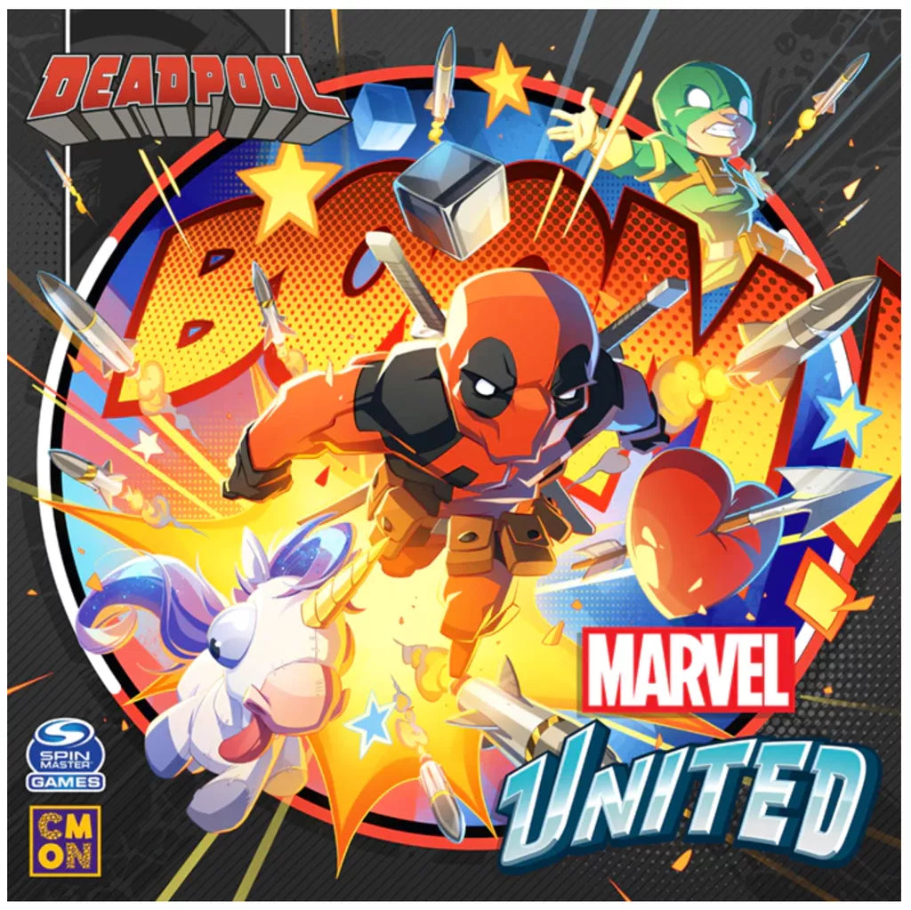 On the Marvel United: Deadpool Expansion by Cool Mini Or Not, cartoon Deadpool leaps forward among bullets, a rainbow unicorn, explosions with "BOOM," a green-costumed character, and the Marvel United logo in a vibrant cover scene.