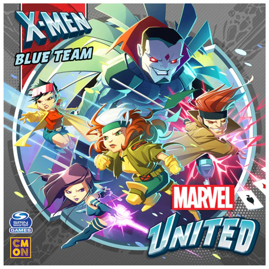 The Marvel United: X-Men – Blue Team Expansion by Cool Mini Or Not features Rogue, Gambit, Psylocke, and Jubilee charging forward with Apocalypse above—ideal for action-packed Team vs Team mode battles.