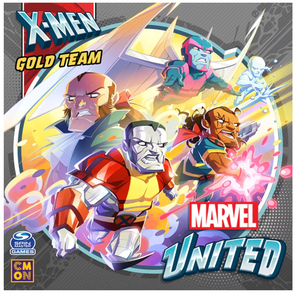 The Marvel United: X-Men – Gold Team Expansion box by Cool Mini Or Not features Colossus, Bishop, Archangel, Iceman, and Forge in action poses on the illustrated cover with the Marvel United X-Men logo.