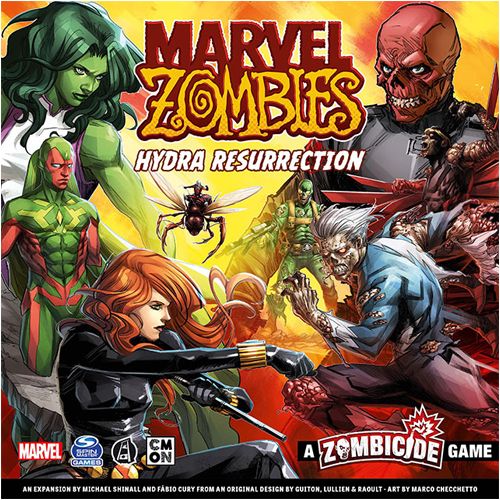 Comic-style cover art for Cool Mini Or Not’s Marvel Zombies: A Zombicide Game – Hydra Resurrection Expansion, showing zombified Marvel characters battling Black Widow, Vision, and She-Hulk against a fiery backdrop.