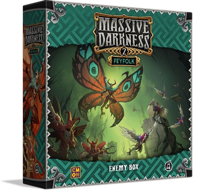Box art for Cool Mini Or Not’s Massive Darkness 2: Enemy Box – Feyfolk Expansion shows a glowing moth-like creature and winged enemies in a mystical forest, with the title and Feyfolk Expansion branding featured at the top.