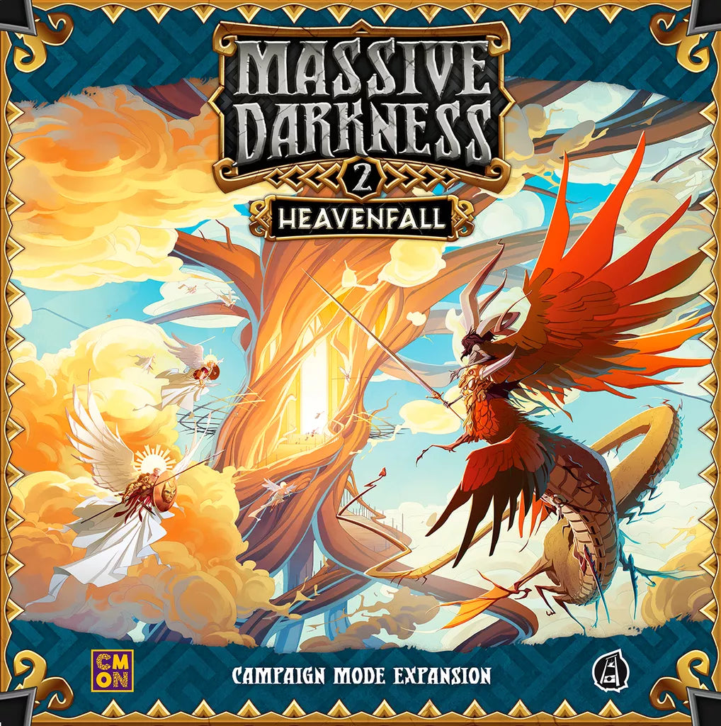 The cover art for Cool Mini Or Not's Massive Darkness 2: Heavenfall Expansion features two winged fantasy creatures in combat among golden clouds, with ornate borders and stylized text to showcase the new campaign mode.