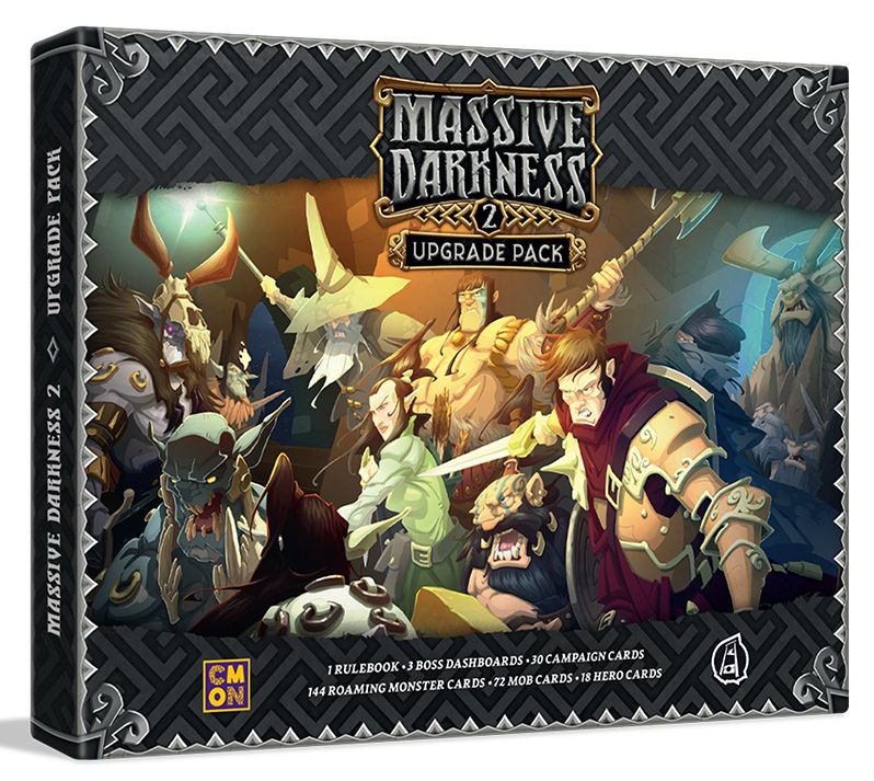 Box cover of Massive Darkness 2: Massive Darkness Upgrade Pack by Cool Mini Or Not, featuring fantasy heroes and monsters. The box lists Boss Dashboards, campaign cards, roaming monster cards, mob cards, and hero cards.