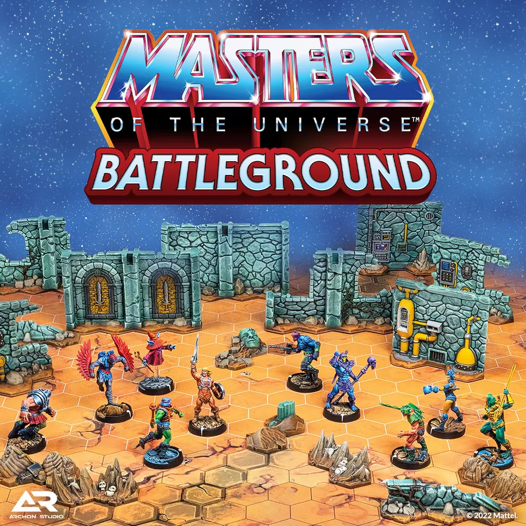 Masters of the Universe: Battleground by Archon Studios features character miniatures on a hex-tiled board, staging an epic skirmish in a ruined stone fortress. The Masters of the Universe: Battleground logo appears above.
