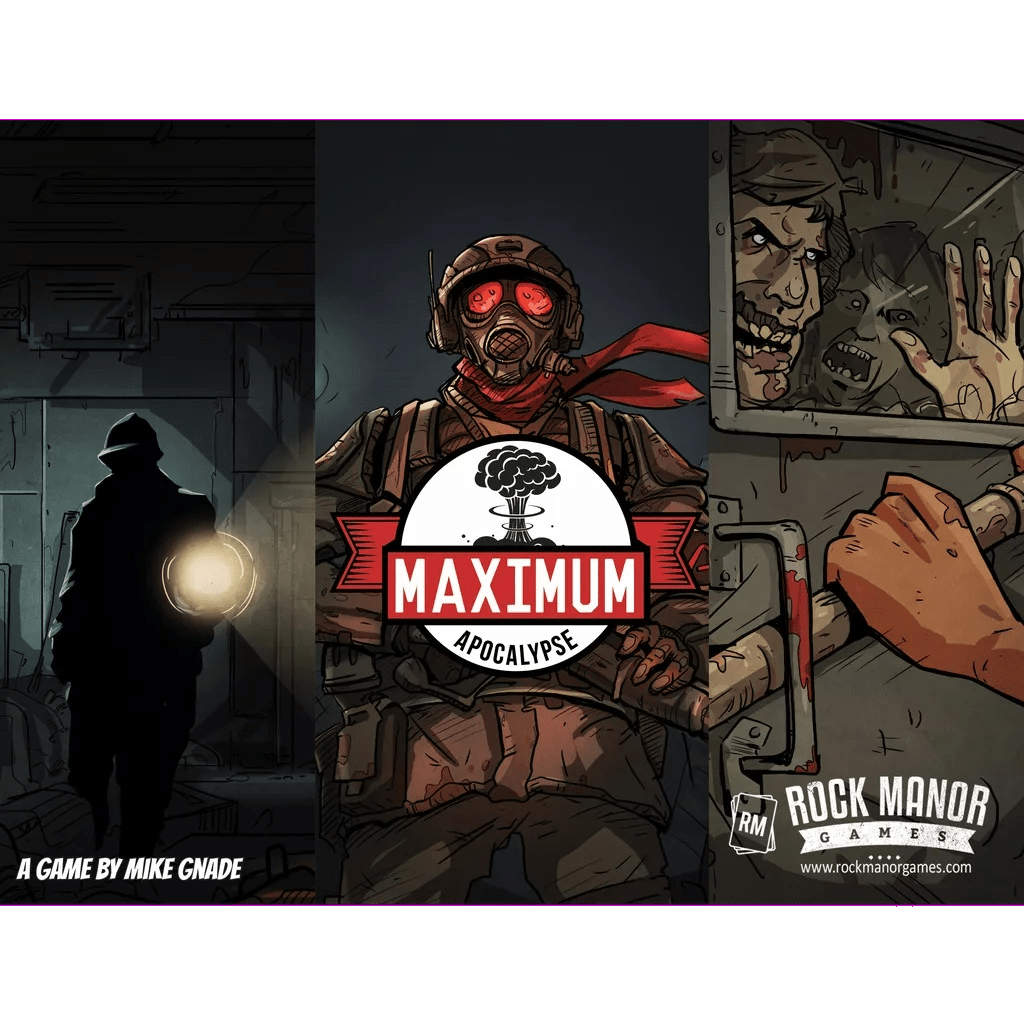 Board game cover for Maximum Apocalypse: Second Edition by Rock Manor Games. Shows a survivor in a gas mask with a red scarf, zombies breaking through a door, and a shadowy figure holding a flashlight.