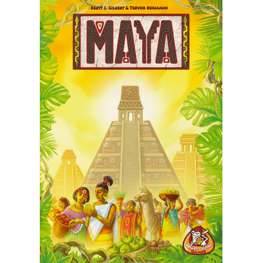 Colorful illustration for White Goblin Games’ “Maya EN/NL”: ancient Maya people in traditional attire with fruits and animals, before a large stone pyramid—evoking the vibrant Yucatán board game—amid lush greenery and a bright yellow sky.