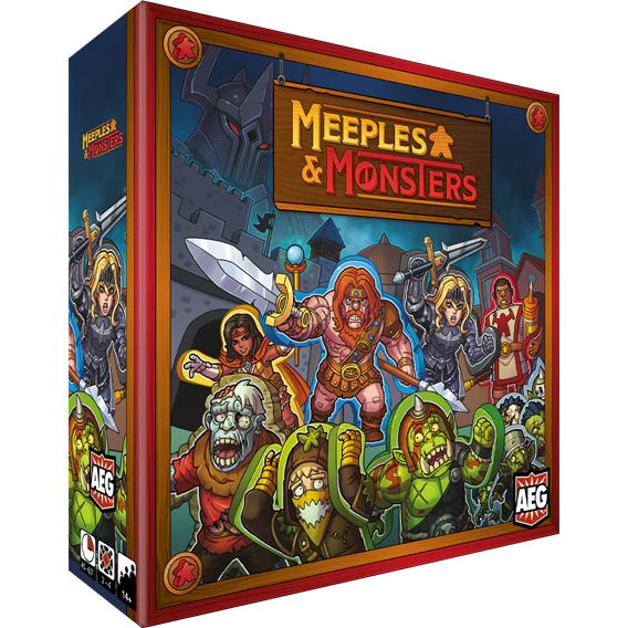 Alderac Entertainment Group’s Meeples & Monsters features a vibrant box with cartoon heroes fighting green monsters before a castle; the game’s title appears on a wooden sign at the top.