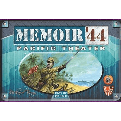 The Days of Wonder Memoir '44: Pacific Theater Expansion box cover features a stylized Japanese soldier with a sword, rising sun flag, and warships, highlighted by bold military graphics.