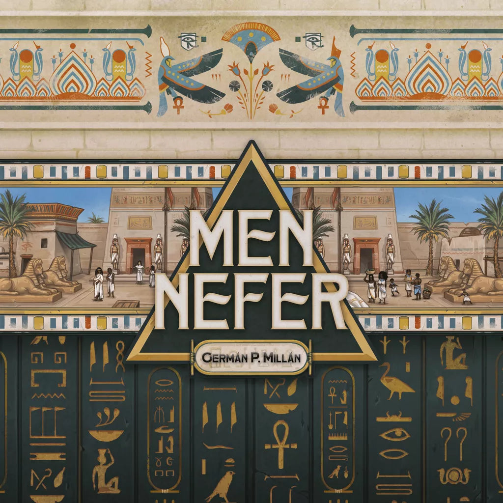 An illustrated Egyptian scene with pyramids, sphinxes, and hieroglyphs evokes the era of the Great Pyramids’ construction. "Men-Nefer" appears in a large triangle at the center, with "ludonova" below.