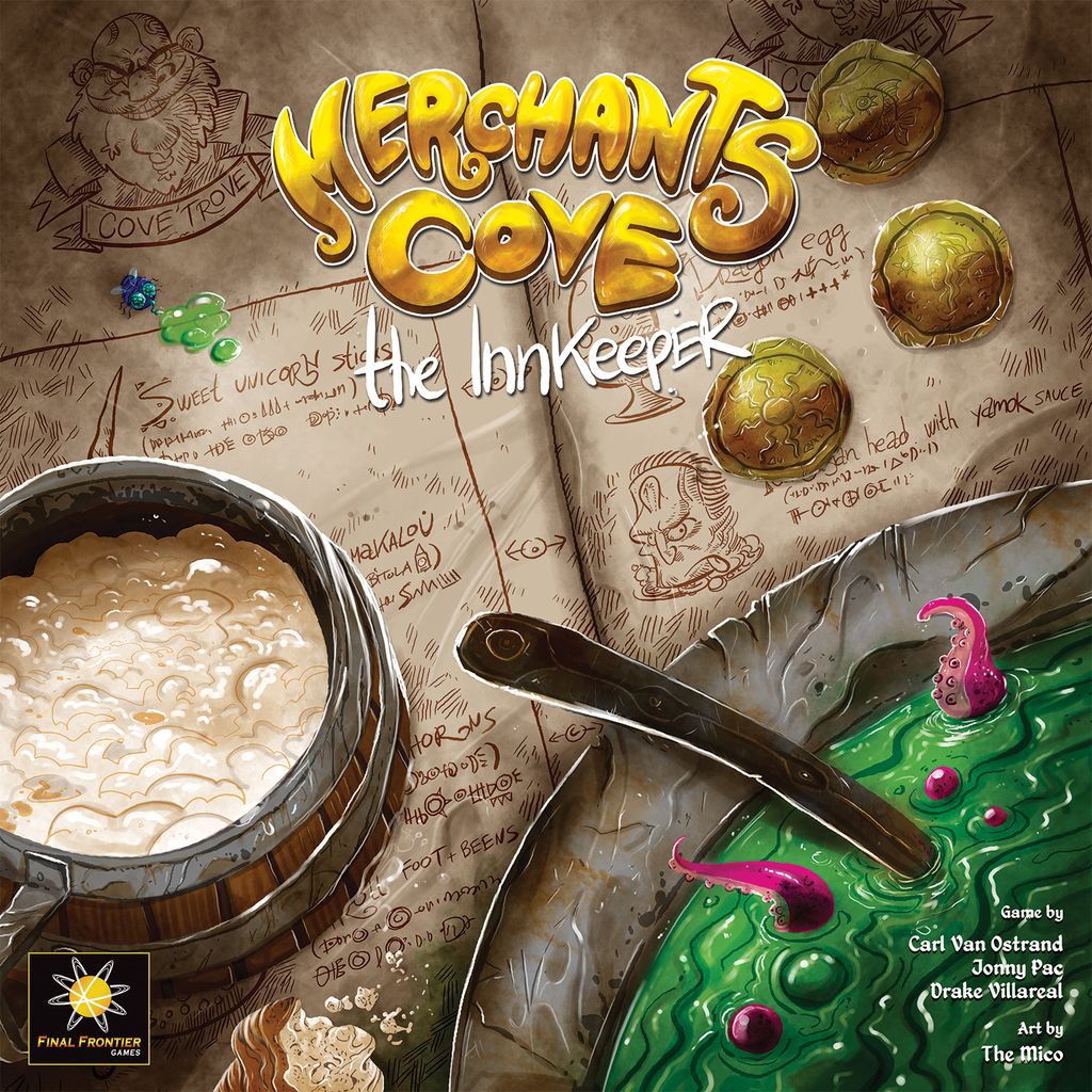 The Merchants Cove: The Innkeeper Expansion by Final Frontier Games features a fantasy board game cover with a frothy mug, bubbling green potion with tentacles, gold coins, and a hand-drawn map, highlighting the unique innkeeper merchant role.