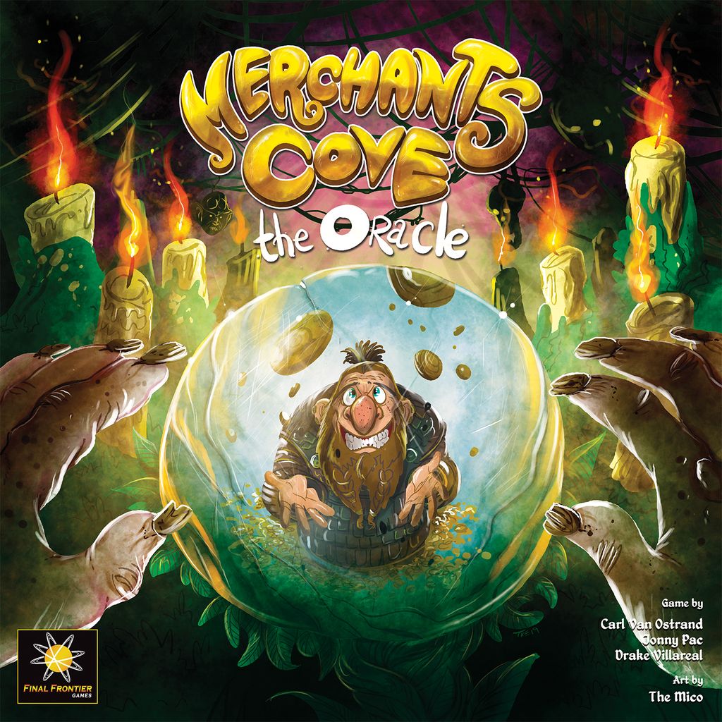 A mystical scene shows a bearded oracle inside a glowing crystal ball, surrounded by hands, candles, and swirling smoke. The title Merchants Cove: The Oracle Expansion by Final Frontier Games appears at the top in bold golden letters.