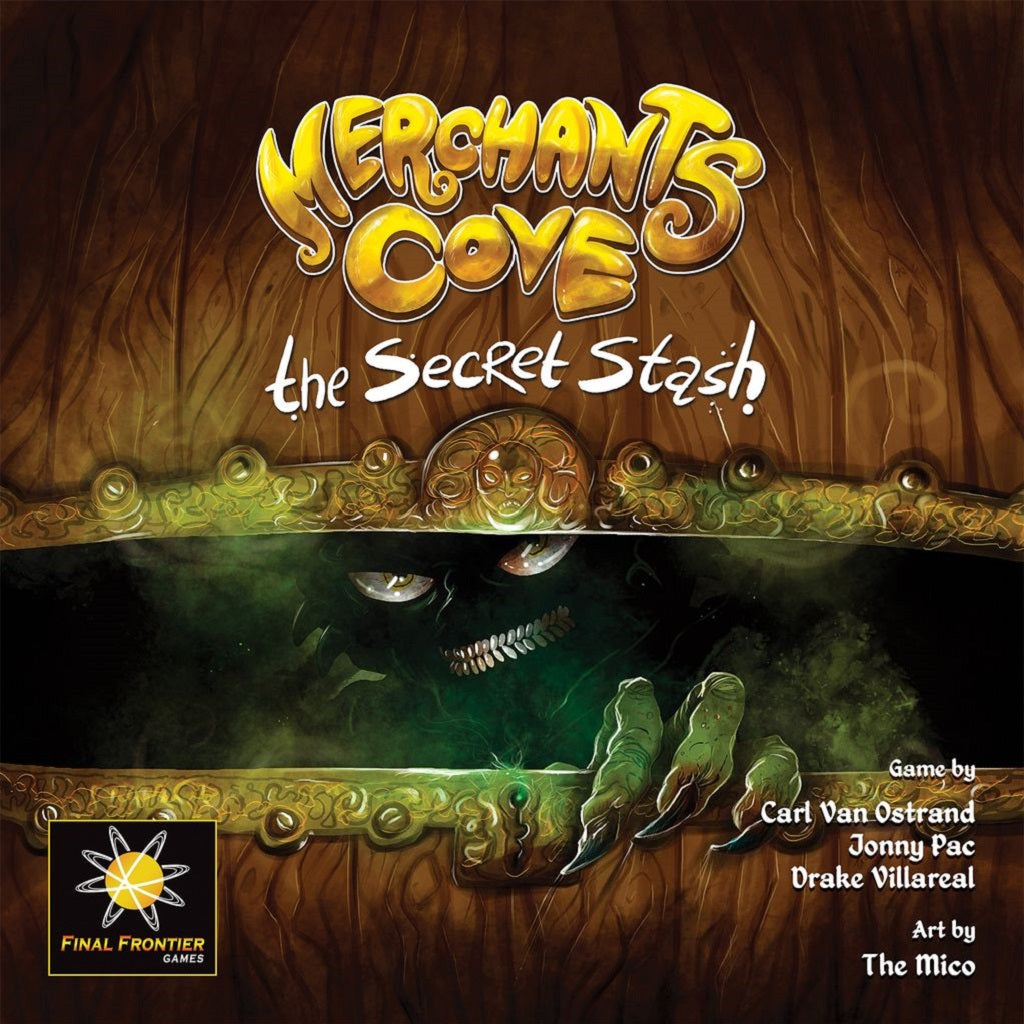 The cover of Merchants Cove: The Secret Stash Expansion by Final Frontier Games features glowing yellow title text above eerie green eyes and a clawed hand at a wooden door, with designer and artist credits in the bottom right corner.