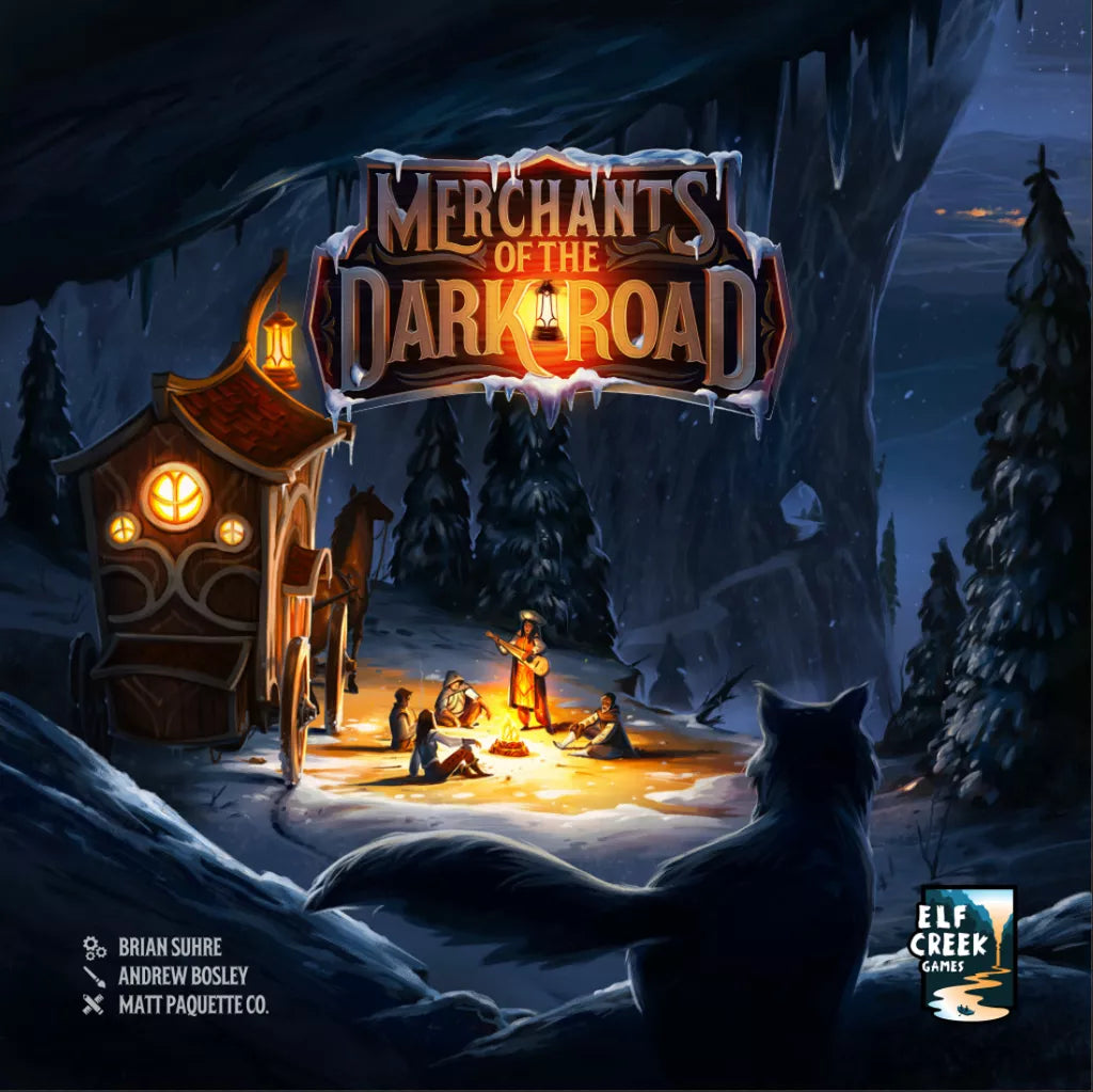 A wintry night scene with travelers by a campfire and wagon, watched by a wolf, captures the adventurous spirit of Merchants of the Dark Road—a caravan board game from Elf Creek Games. The game’s logo shines above, adding to the evocative atmosphere.