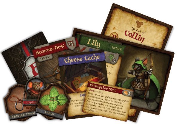A fantasy adventure set of illustrated cards and tokens from Plaid Hat Games' Mice and Mystics, featuring items like the Accurate Bow, Cheese Cache, Lily the mouse archer, and The Tale of Collin.