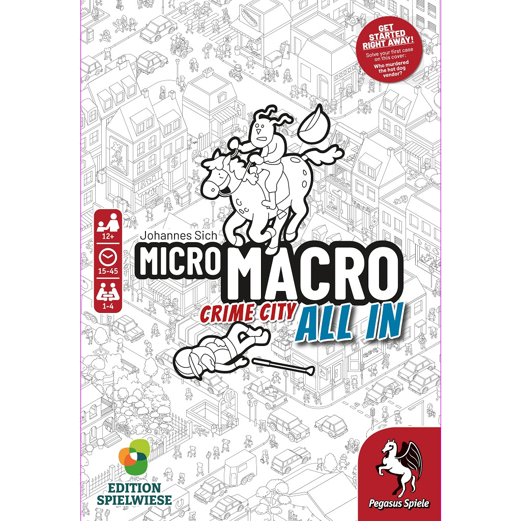 The cover of MicroMacro: All In by Pegasus Spiele features cartoon figures, including a detective on horseback chasing a thief through a black-and-white city filled with buildings and streets.
