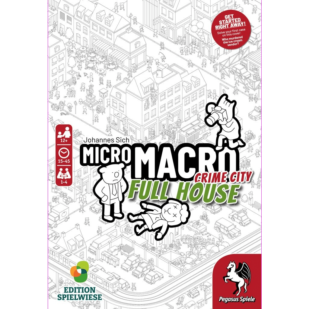 Box cover of Pegasus Spiele's MicroMacro: Crime City Full House, a city map mystery game featuring black-and-white cartoon illustrations with crime scenes, inviting players to solve engaging cases.