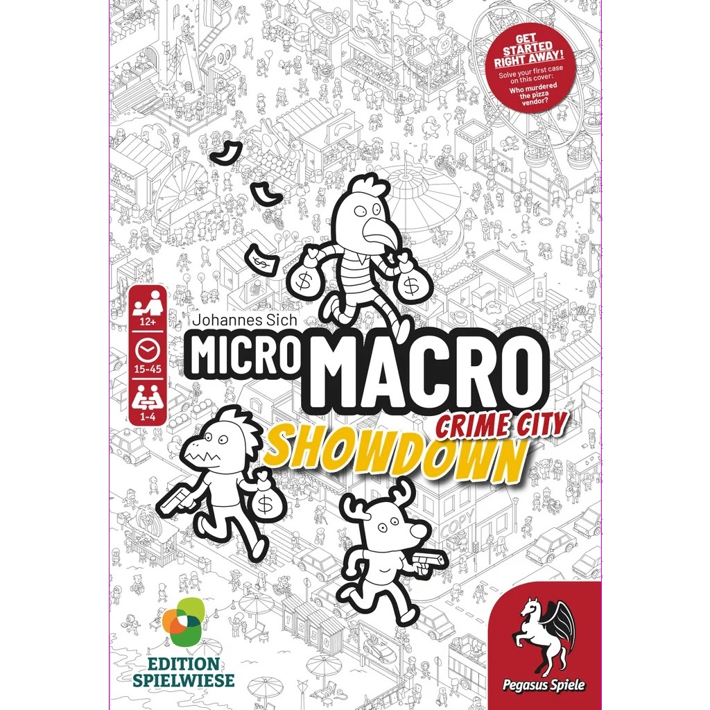 The cover of Pegasus Spiele’s MicroMacro: Crime City – Showdown features black-and-white cartoon characters, such as a bird-headed thief and police officer, reflecting the cooperative detective gameplay in a detailed city setting.