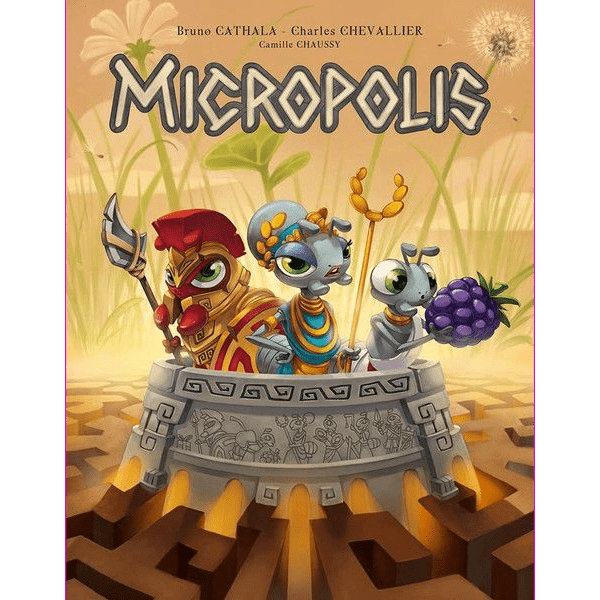 Three colorful, cartoon ants in armor and royal attire—a spear-bearer, a crowned ant, and one with a grape—stand amid plants in a decorated tower. Inspired by the Micropolis board game from Matagot.