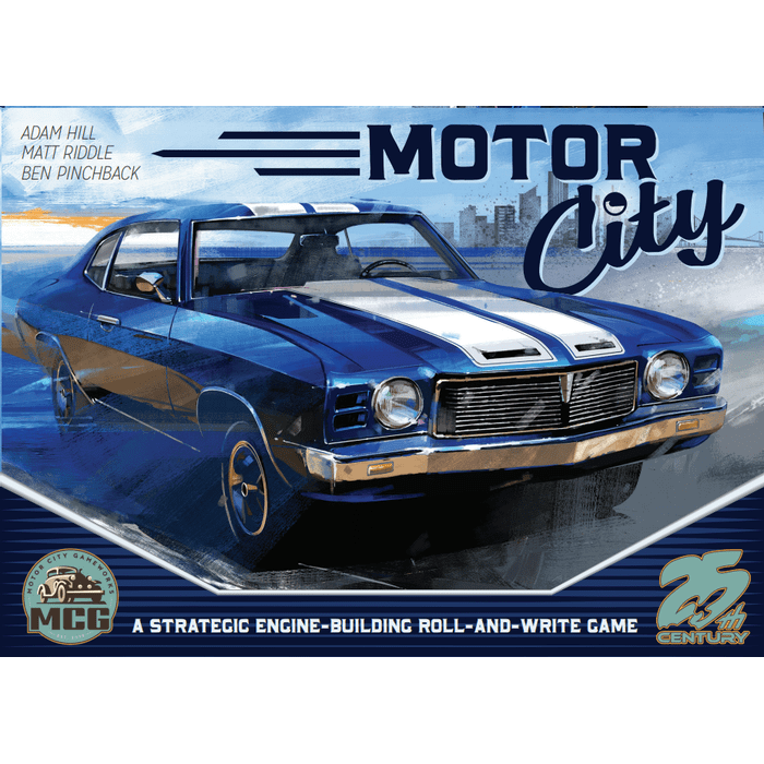 A blue vintage muscle car with white racing stripes races ahead on the Motor City cover, featuring dynamic blue lines and showcasing designers’ names and the 25th Century Games logo.