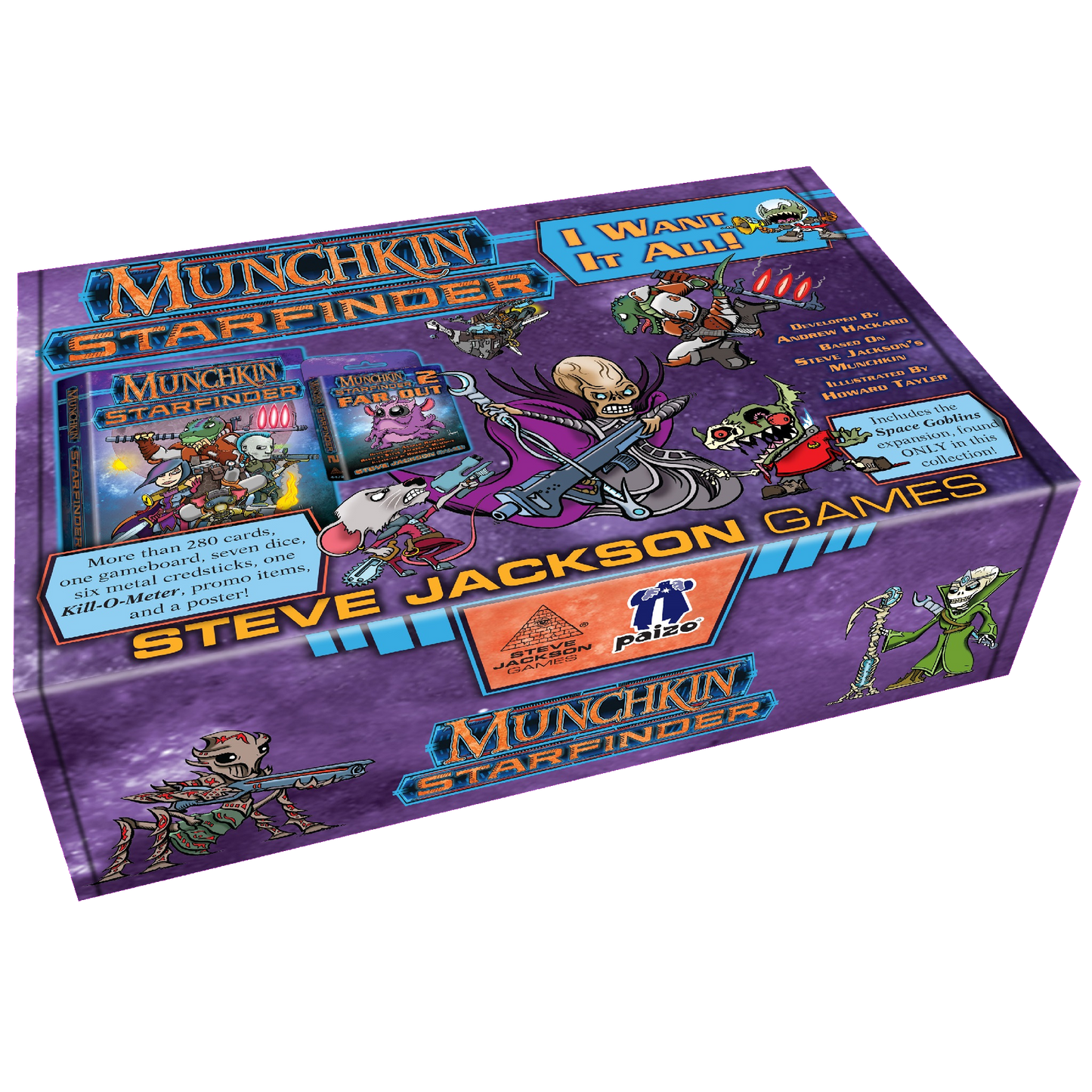 Munchkin Starfinder I Want It All by Steve Jackson Games comes in a purple box featuring sci-fi cartoon art, over 250 cards (including Kickstarter exclusives), game logo, dice, and components from the Starfinder Roleplaying Game.