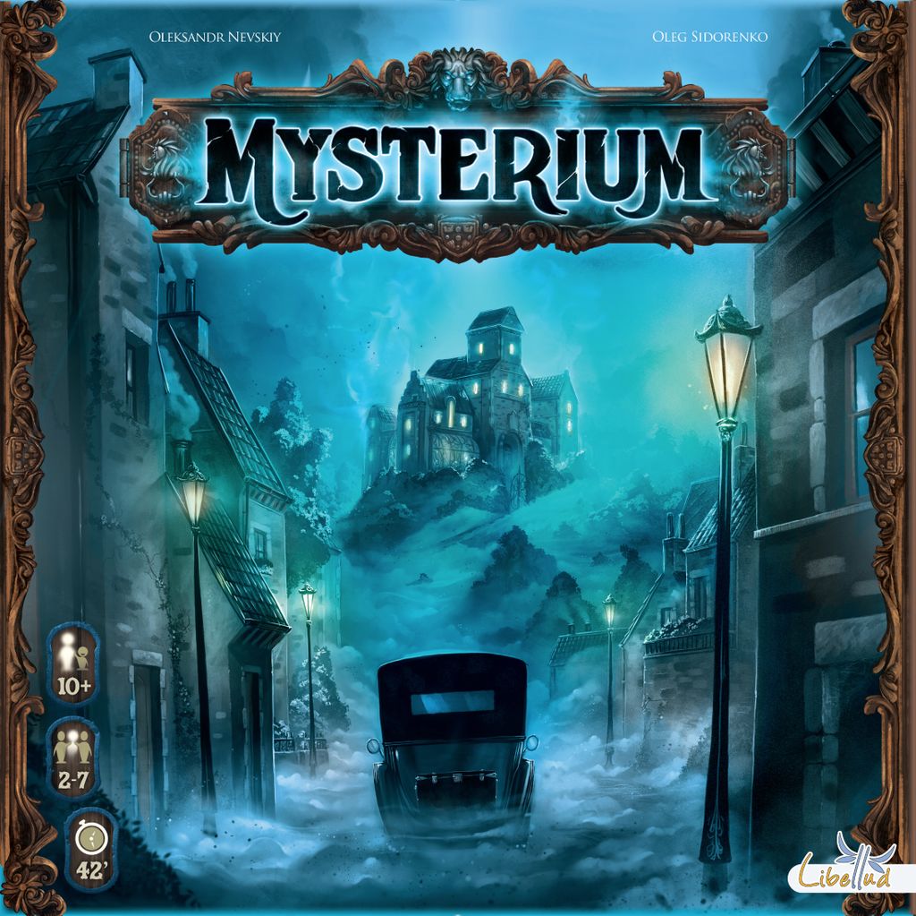 A vintage car travels a foggy village road toward an eerie hilltop mansion beneath a blue night sky, setting the mysterious tone of Libellud's cooperative murder mystery board game, Mysterium.