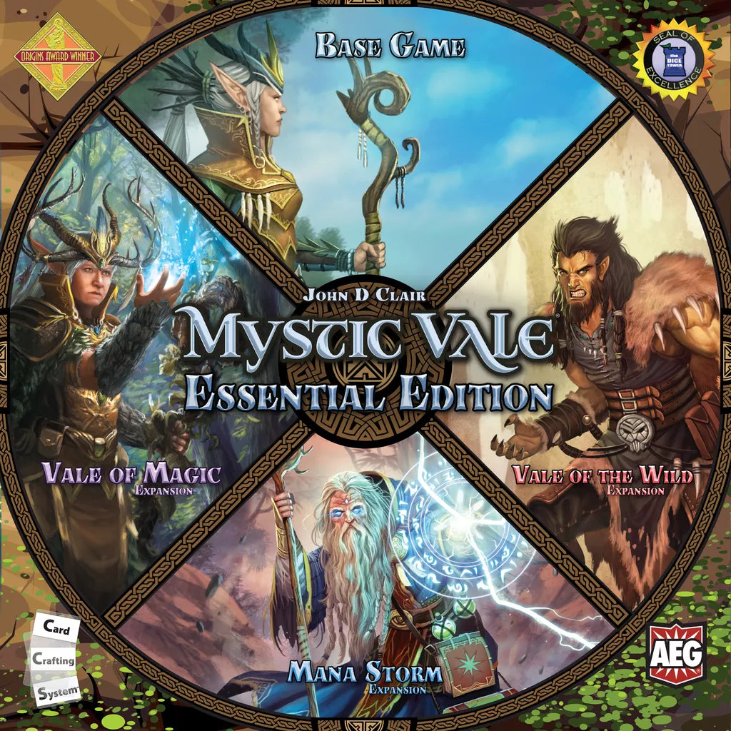 Circular box cover for Mystic Vale: Essential Edition by Alderac Entertainment Group, showing four fantasy characters—an armored queen, robed wizard, druid with animals, and a staff-wielding elder—in divided quadrants.