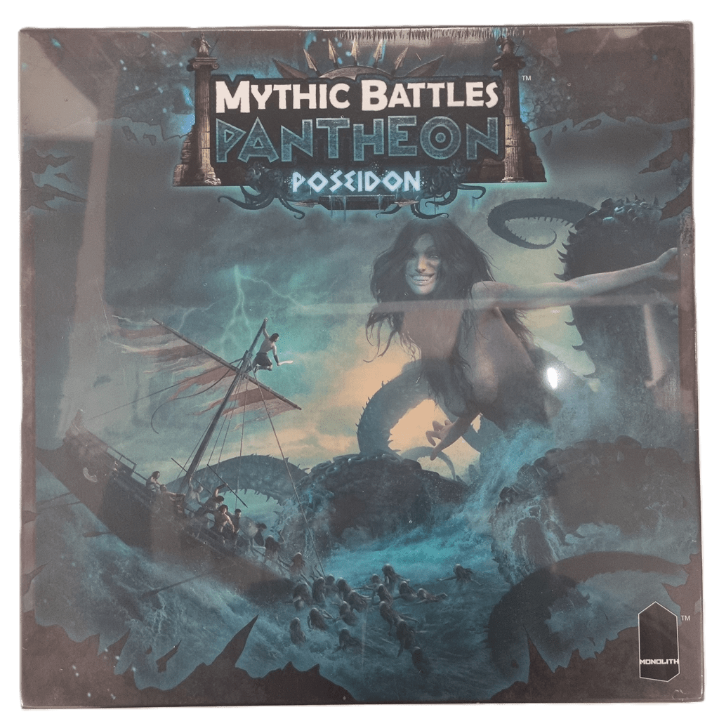 The box of Monolith’s Mythic Battles: Pantheon Poseidon Expansion depicts a colossal woman emerging from stormy blue seas amid ships and sea monsters, creating an epic mythological feel.