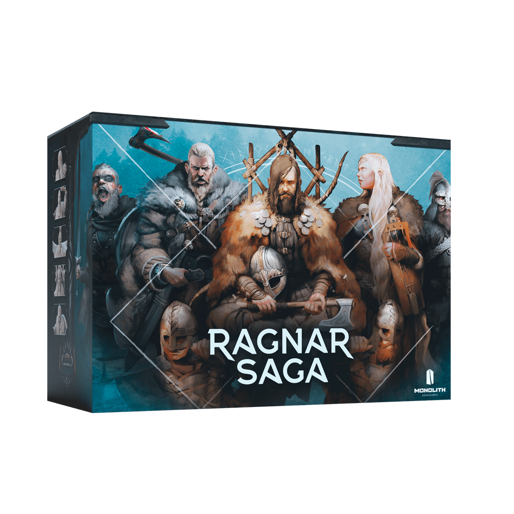 Box for "Mythic Battles: Ragnarök Ragnar Saga Expansion" by Monolith, showing illustrated Viking warriors in fur and armor with weapons and miniatures on a wintry blue background. Bold white title appears at the bottom.