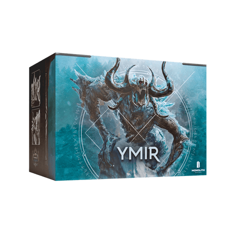 The Mythic Battles: Ragnarök Bundle box features icy blue art of a horned, armored creature with a skull-like face. "YMIR" is highlighted, referencing Norse legend, with the Monolith logo in the lower right corner.