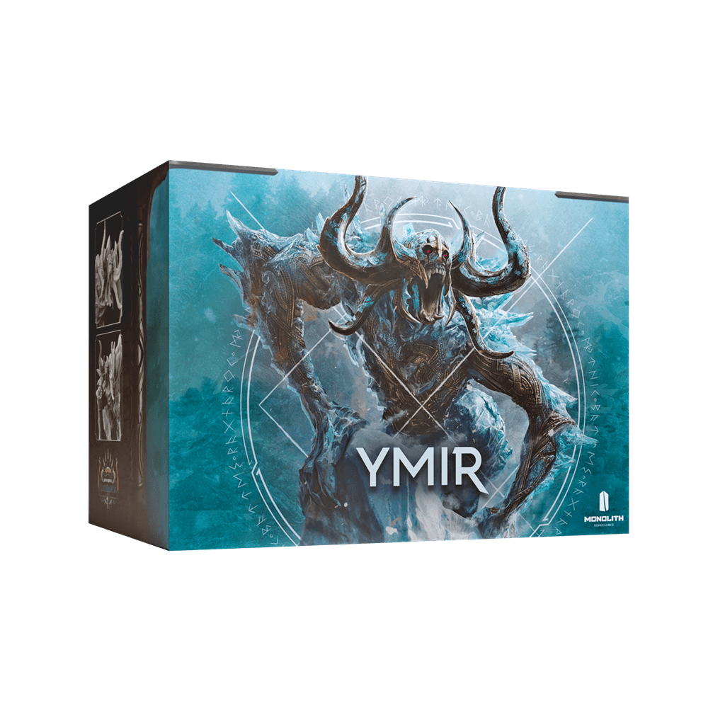 The Mythic Battles: Ragnarök Ymir Expansion from Monolith features a box with bold YMIR lettering, Norse-inspired symbols, and artwork of a horned ice creature against a frosty blue background evoking Norse mythology.