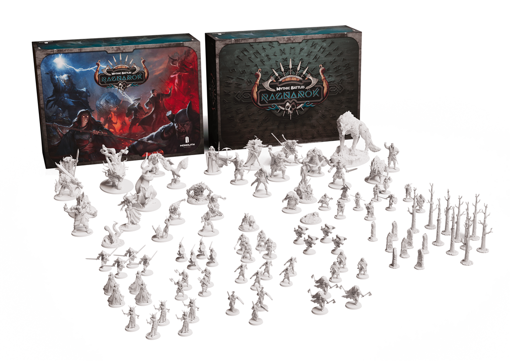 A set of unpainted warriors, creatures, and trees displayed before two Mythic Battles: Ragnarök (All Stretch Goals included) boxes from Monolith—perfect for epic 2-4 player Norse mythology skirmishes.