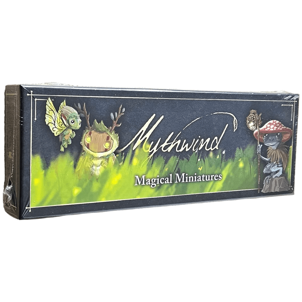 A box of Mythwind Magical Miniatures by Open Owl Studios features whimsical artwork of magical creatures: a butterfly, an antlered green creature, and a blue cat-like character with a red mushroom hat.