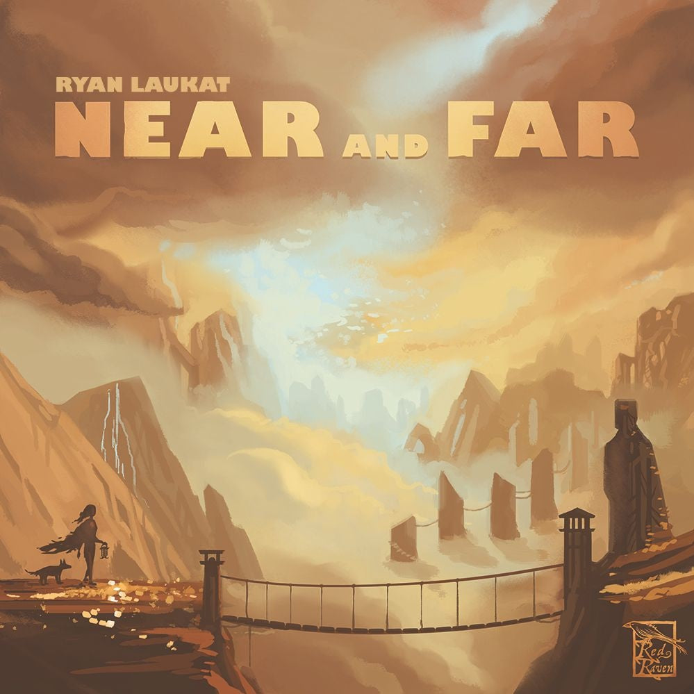A fantasy landscape shows mountains, clouds, stone pillars, and a figure with an animal by a bridge into the mist. At the top is "Near and Far" by Red Raven Games, an adventure board game.