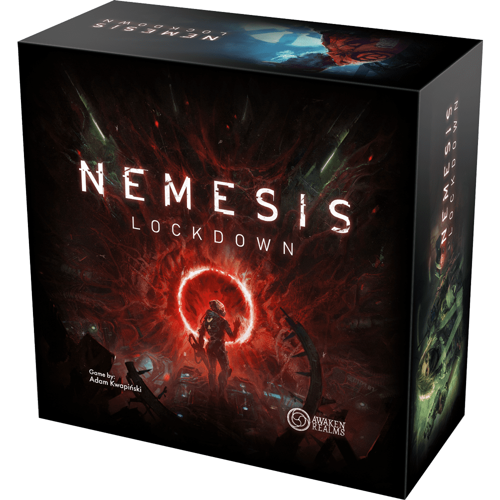 The image displays the box for Nemesis Lockdown by Awaken Realms, featuring dark sci-fi art of a figure in ominous red light on Mars, with the game title and brand name on the front.
