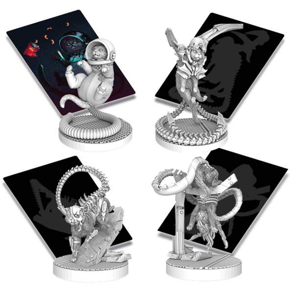 The Nemesis: Spacecats Expansion by Awaken Realms features four detailed plastic models with stands and sci-fi art backdrops, showcasing elaborate designs perfect for collectors.