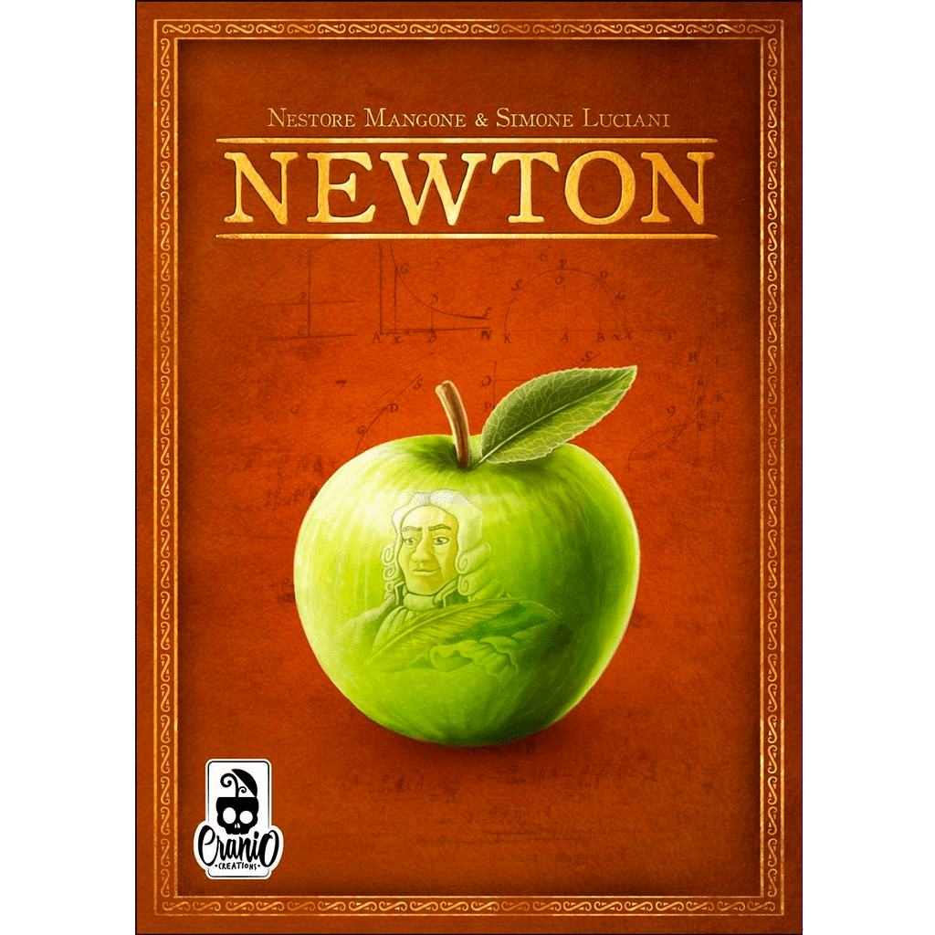 A green apple engraved with Isaac Newton’s portrait is centered on a red-orange background with math diagrams, evoking intrigue for the Newton board game. “NEWTON” appears above, with Cranio Creations’ logo and authors’ names in the corners.