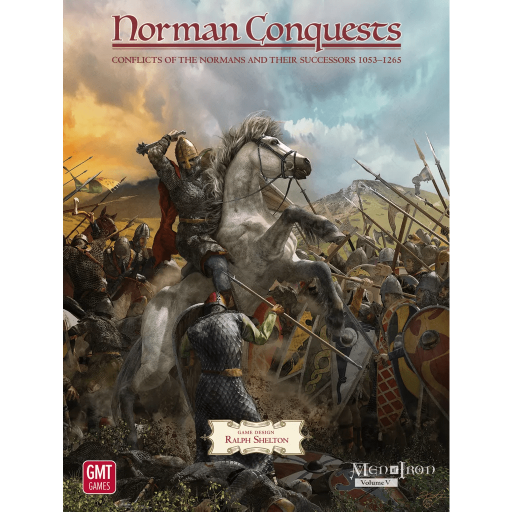 A dramatic medieval battle unfolds as a knight on a white horse leads the Norman invasion under stormy skies, surrounded by armored soldiers. The title reads "Norman Conquests: Men of Iron Volume V" by GMT Games.