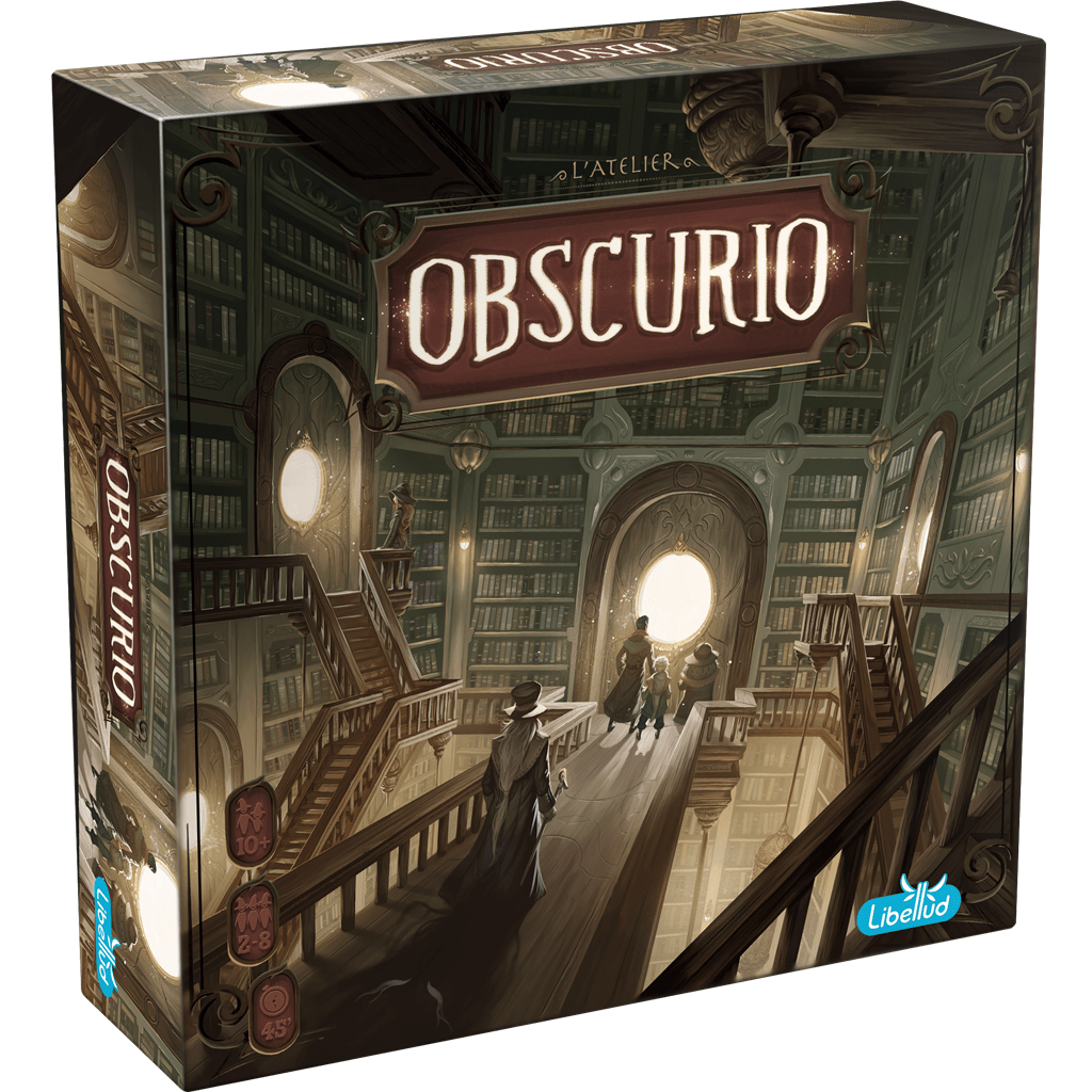Box cover of Libellud's "Obscurio NL/FR" board game shows a grand library with towering bookshelves, winding stairs, and shadowy figures near a glowing doorway—evoking its traitor mechanic. The title stands out above.