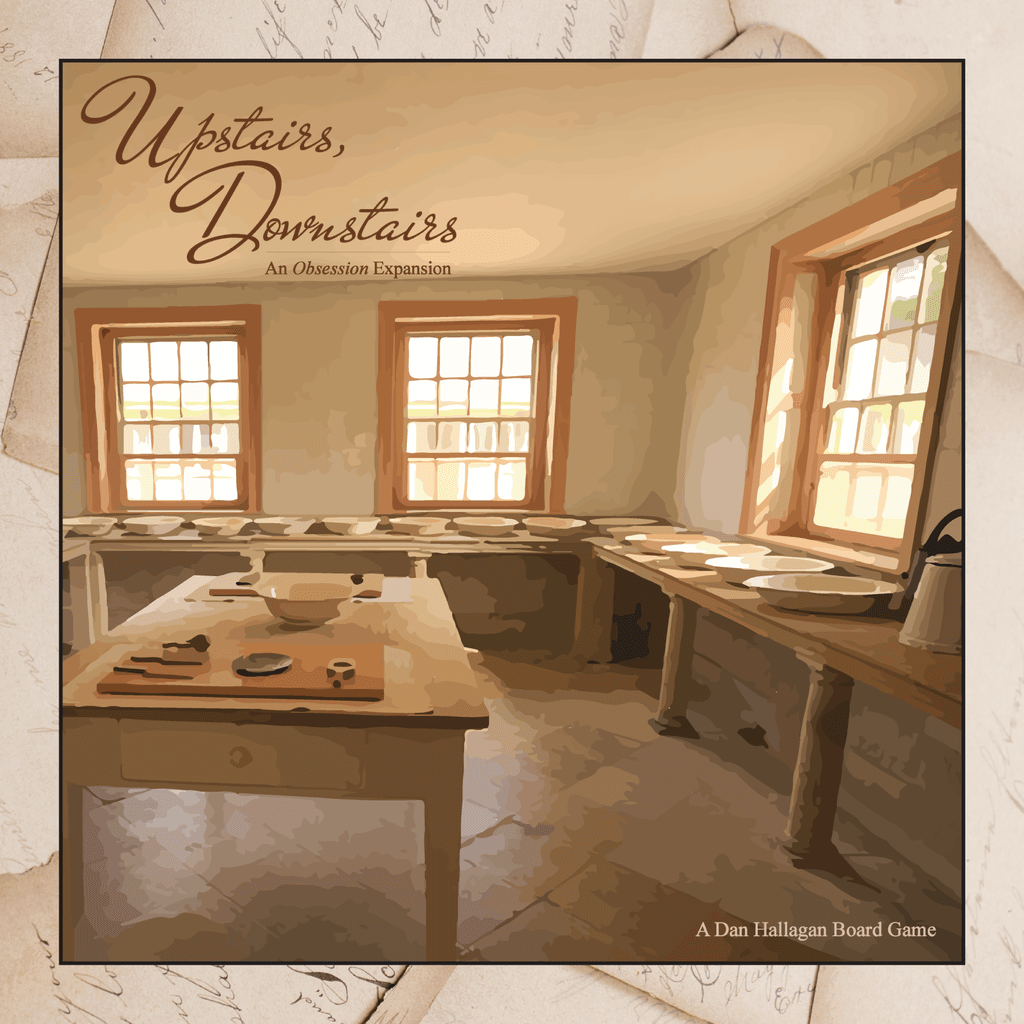 A sunlit vintage kitchen with wooden counters and shelves of plates. Text: "Obsession: Upstairs Downstairs Expansion by Kayenta Games—now supports 5 and 6 players in this Victorian board game expansion.