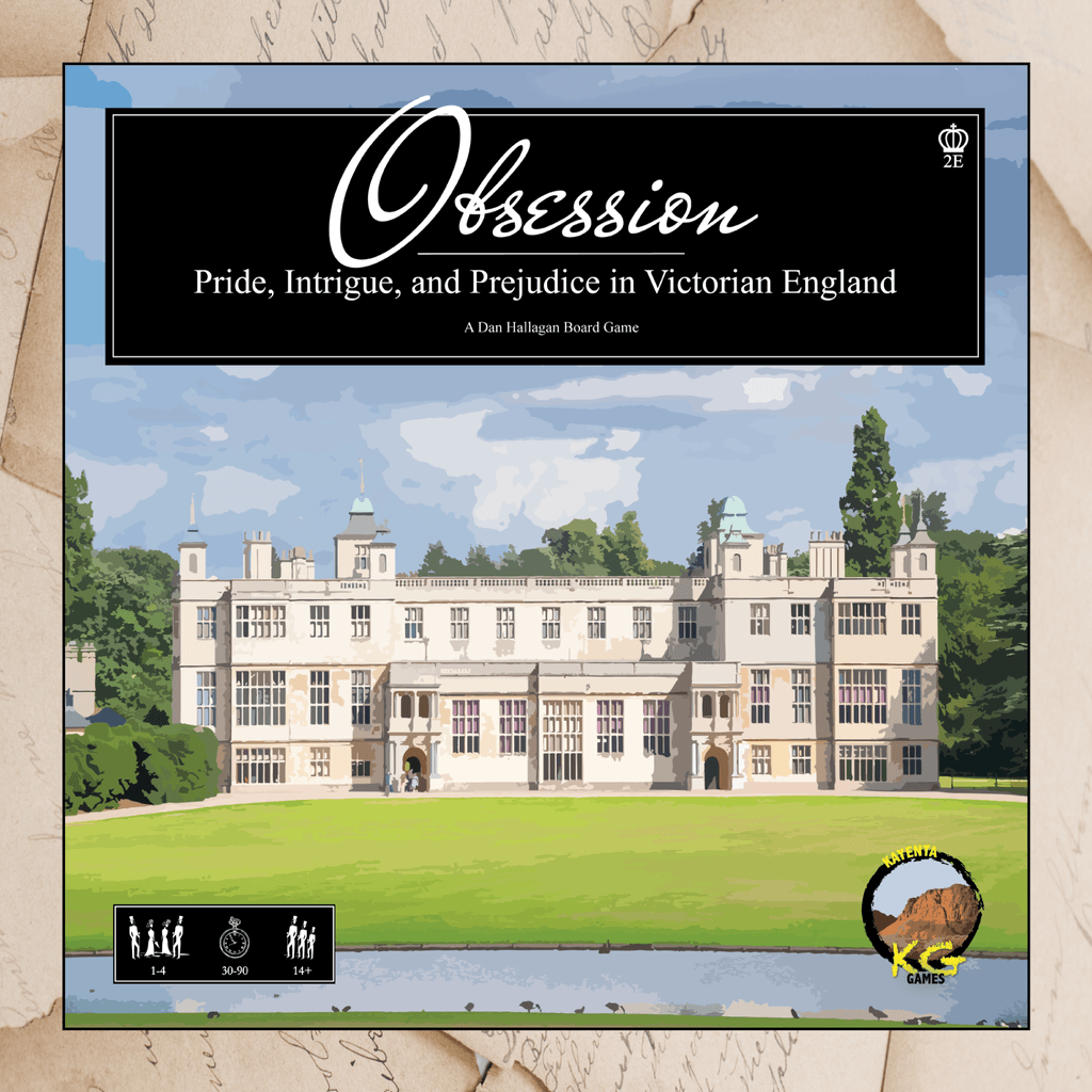The cover of Obsession 2.3E by Kayenta Games shows a grand English manor amid greenery, with the title and tagline "Pride, Intrigue, and Prejudice in Victorian England" displayed above the image.